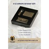 Cüzcan Motifli Hakiki Deri 3'lü Avrupa Seyahat Seti - Pasaport Kılıfı, Gözlük Kılıfı, Anahtarlık - Yeşil