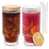 CWHHRN 16oz Kapaklı ve Pipetli Cam Bardaklar, Viski Kokteyl Birası için Vintage Kabartmalı Züccaciye, Sevimli Hediyeler için Buzlu Kahve Fincanları (2 PAKET)