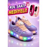 Cyln 2620 Kız Çocuk Işıklı Patenli Spor Ayakkabı (Kol Saati Hediyeli) - Lila