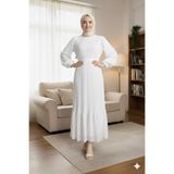 CYM Butik Beyaz Pileli Şifon Tesettür Elbise Uzun Balon Kol