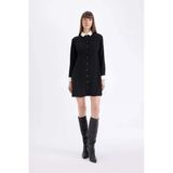 D2874 Krep Uzun Kollu Mini Elbise