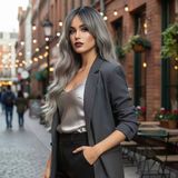 Daalı Perçemli Fiber Sen Orta Boy Peruk / Siyah Gri Ombreli