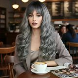 Daalı Perçemli Uzun Fiber Sen Peruk / Siyah / Gri Ombreli