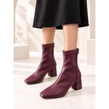Dabab Shoes Azra Kadın Bordo Streç Cilt Kare Burun Arka Fermuarlı 6 cm Kalın Topuklu Bot Bootie