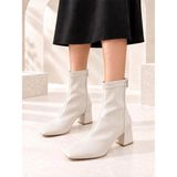 Dabab Shoes Azra Kadın Krem Streç Cilt Kare Burun Arka Fermuarlı 6 cm Kalın Topuklu Bot Bootie