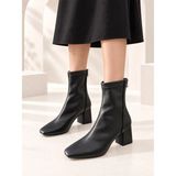 Dabab Shoes Azra Kadın Siyah Streç Cilt Kare Burun Arka Fermuarlı 6 cm Kalın Topuklu Bot Bootie