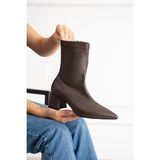 Dabab Shoes Bega Kadın Acı Kahve Streç Cilt Sivri Burun Fermuarlı 6 cm Kalın Topuklu Bot Bootie - Kahve Cilt