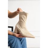 Dabab Shoes BEGA Kadın Bej Streç Süet Sivri Burun Fermuarlı 6 cm Kalın Topuklu Bot Bootie - Bej Süet