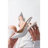 Dabab Shoes dababshoes Aurelıa Kadın Gümüş Sivri Burun Slingback 6 cm Ince Topuk Parlak Simli Abiye Ayakkabı