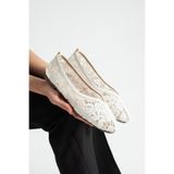 dabab shoes FLORIA DANTEL Kadın Beyaz Düz Babet Dantel Dokuma Çiçek Desenli Zarif Günlük Ayakkabı