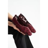 dabab shoes FLORIA DANTEL Kadın Bordo Düz Babet Dantel Dokuma Çiçek Desenli Zarif Günlük Ayakkabı
