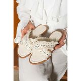 dabab shoes İNKA Kadın Hasır Dokulu Kuş Gözü Detaylı Düz Ekru Terlik