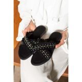 dabab shoes İNKA Kadın Hasır Dokulu Kuş Gözü Detaylı Düz Siyah Terlik
