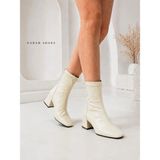 Dabab Shoes Janıce Kadın Bej Küt Kare Burun Kırışık Desenli Rugan Streç Arkadan Fermuarlı 6 cm Kalın Topuklu Bot Bootie