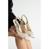 dabab shoes LACEORA Kadın Bej Sivri Burun 7 cm Topuklu Dantel Dokulu İnci Detaylı Slingback Abiye Ayakkabı