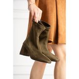 Dabab Shoes Lara Kadın Haki Süet Streç Küt Burun Fermuarlı 6 cm Kalın Topuklu Bot Bootie