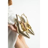 Dabab Shoes Larky Kadın Gold Parlak Rugan 7 cm Ince Topuklu Arkası Açık Bilekten Bantlı Tokalı Sivri Burun Ayakkabı - Gold - Altın