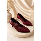 Dabab Shoes Leyla Kadın Bordo Sivri Burun Dantel Desenli 5 cm Ince Topuklu Stiletto Ayakkabı