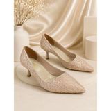 Dabab Shoes Leyla Kadın Pudra Sivri Burun Dantel Desenli 5 cm Ince Topuklu Stiletto Ayakkabı