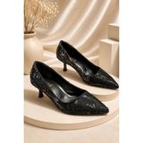 Dabab Shoes Leyla Kadın Siyah Sivri Burun Dantel Desenli 5 cm Ince Topuklu Stiletto Ayakkabı