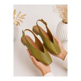 dabab shoes LIVORA Kadın Yağ Yeşili Kare Burun Tokalı Düz Taban Slingback Casual Babet Ayakkabı