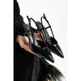 dabab shoes LIYA Kadın Siyah 6 cm İnce Topuklu Bilekten Bantlı Arkası Açık Tokalı Sivri Burun Rugan Ayakkabı