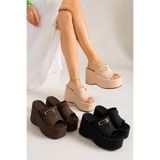 dabab shoes LUNARA Kadın 3'lü Paket Tokalı 10 cm Platform Topuklu Kalın Taban Terlik Sandalet | Bej - Kahve - Sİ