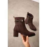 Dabab Shoes Lunara Kadın Kahve Süet Tokalı Topuklu Kısa Konç Bot Bootie - Kahverengi Süet