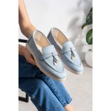 dabab shoes LUPY Kadın Mavi Süet Loafer Ayakkabı Gold Aksesuarlı Ortopedik Rahat Taban Casual Babet