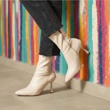 Dabab Shoes MARYA Kadın Bej Streç Cilt Sivri Burun Sıcak Astarlı Fermuarlı 7 Cm İnce Topuklu Bot Bootie - Bej Cilt
