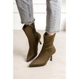 Dabab Shoes Marya Kadın Haki Streç Lüks Süet Sivri Burun Sıcak Astarlı Fermuarlı 7 cm Ince Topuklu Bot Bootie