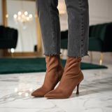 Dabab Shoes MARYA Kadın Kahve Streç Lüks Süet Sivri Burun Sıcak Astarlı Fermuarlı 7 Cm İnce Topuklu Bot Bootie - Kahverengi Süet