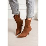 Dabab Shoes Marya Kadın Kahve Streç Lüks Süet Sivri Burun Sıcak Astarlı Fermuarlı 7 cm Ince Topuklu Bot Bootie