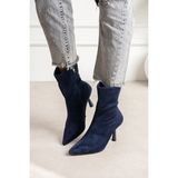 Dabab Shoes Marya Kadın Lacivert Streç Lüks Süet Sivri Burun Sıcak Astarlı Fermuarlı 7 cm Ince Topuklu Bot Bootie