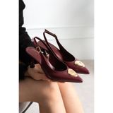 dabab shoes MEALIS Kadın Bordo Kırışık Rugan Sivri Burun Gold Aksesuarlı Bilekten Bantlı 7 Cm Topuklu Slingback Ayakkabı