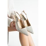 dabab shoes MERIA Kadın Altın 7 cm Sivri Burun Kristal Taş İşlemeli Slingback Topuklu Ayakkabı