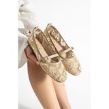 dabab shoes MERINA Kadın Bej Düz Babet Dantel Dokuma Çiçek Desenli Tokalı Düz Ayakkabı