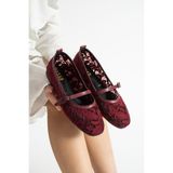 dabab shoes MERINA Kadın Bordo Düz Babet Dantel Dokuma Çiçek Desenli Tokalı Düz Ayakkabı