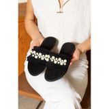 dabab shoes MINOA Kadın İnci Detaylı Hasır Dokulu Düz Siyah Terlik