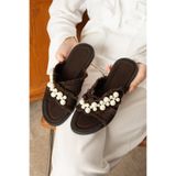 dabab shoes MIRELLA Kadın İncili Hasır Dokulu Acı Kahve Düz Şık Terlik
