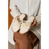 dabab shoes MIRELLA Kadın İncili Hasır Dokulu Düz Şık Ekru Terlik