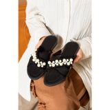 dabab shoes MIRELLA Kadın İncili Hasır Dokulu Düz Şık Siyah Terlik