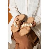 dabab shoes MIRELLA Kadın İncili Hasır Dokulu Düz Şık Taba Terlik