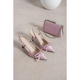 Dabab Shoes Polkıa Puantiye Desenli Pudra Saten Fiyonk Detaylı Sivri Burun Slingback 7 cm Ince Topuklu Ayakkabı ve Zincir Askılı Çanta Seti
