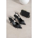 Dabab Shoes Polkıa Puantiye Desenli Siyah Saten Fiyonk Detaylı Sivri Burun Slingback 7 cm Ince Topuklu Ayakkabı ve Zincir Askılı Çanta Seti - 00 Siyah - Beyaz