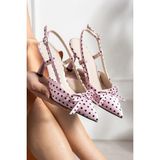 dabab shoes POLKIA Pudra Puantiye Desenli Saten Sivri Burun Slingback 7 cm İnce Topuklu Ayakkabı