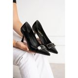 Dabab Shoes Sena Kadın Siyah Kırışık Rugan Sivri Burun Taşlı Toka Detaylı 7 cm Ince Topuklu Stiletto Ayakkabı