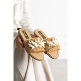 dabab shoes SHELLA Kadın Deniz Kabuğu ve İnci Detaylı Bej Hasır Dokulu Düz Taban Açık Burun Terlik