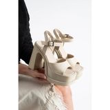 Dabab Shoes Varena Kadın Bej Platform Taban 13 cm Kalın Topuklu Bilekten Bantlı Sandalet
