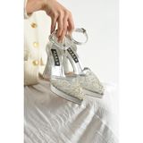 dababshoes Dabab Shoes Pearly Gümüş Kadın Platformlu 11CM Topuklu Incili Bilekten Bantlı Abiye Gelin Düğün Ayakkabısı